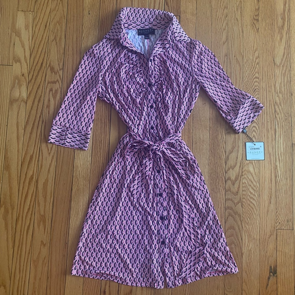 Pink Geometric Print Tie Waist 3/4 Sleeve Button-Down Laundry Brand Dress